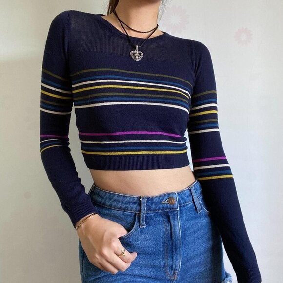 Rachel Roy Navy & Multicolor Striped Knit Longsleeve Cropped Sweater size L - Picture 1 of 10